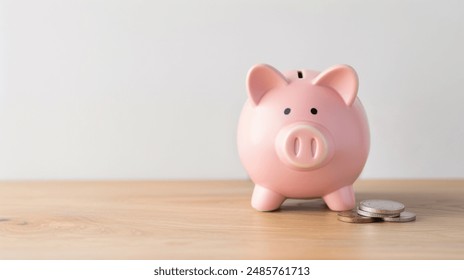 Pink piggy bank on wooden table, overflowing coins, clean white wall background. A pink piggy bank overflowing with coins is placed on a wooden table, against a white wall background.