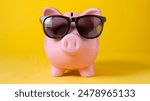 Pink piggy bank wearing sunglasses, set against a sunny yellow background. Sunglasses on a classic pink piggy bank, with a vibrant yellow background and sun rays for a summer feel.