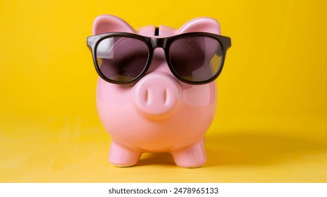 Pink piggy bank wearing sunglasses, set against a sunny yellow background. Sunglasses on a classic pink piggy bank, with a vibrant yellow background and sun rays for a summer feel. - Powered by Shutterstock