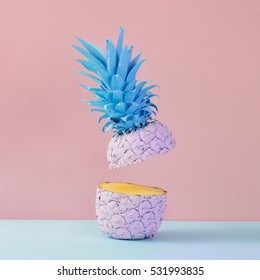 Pink Pineapple On Yellow Background. Minimal Style. Food Concept.