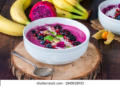 Pink Pitaya Smoothie Bowls With Fruit, Coconut Flakes And Linseed - Healthy Breakfast Idea.