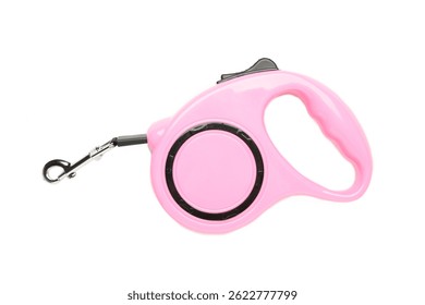 Pink plastic durable and ergonomic leash roulette for pets isolated on white background. Top view