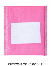 Pink Plastic Wrap Air Bubble Packaging Envelope With Blank Label Sticker Isolated On White Background