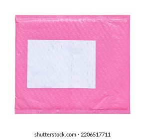 Pink Plastic Wrap Air Bubble Packaging Envelope With Blank Label Sticker Isolated On White Background