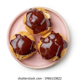 Pink Plate Of Cream Puffs Isolated On White Background, Top View