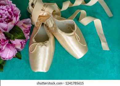 Pink pointes with ribbons and flowers. Spring ballet shoes with roses on the background. Vintage background. Soft light. Copy space