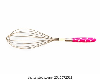 Pink polka dot patterned dough whisk on white background. Kitchen tool with wooden handle for whipping cream and making dough. Stainless Steel whisk or egg whisk on white background - Powered by Shutterstock