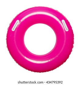 Pink Pool Floating Inner Tube With Handles Isolated On White Background.