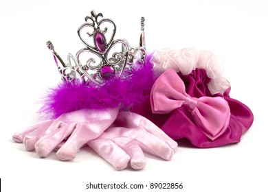 Pink princess accessories; crown, gloves and bag