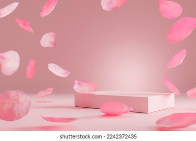
Pink product podium placement on solid background with rose petals falling. Luxury premium beauty, fashion, cosmetic and spa gift stand presentation. Valentine day present showcase.