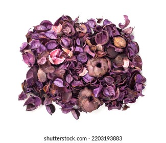 Pink and purple dry flowers and leaves on a white background. Floral fragrance. Aromatic sachet for home. Top view.