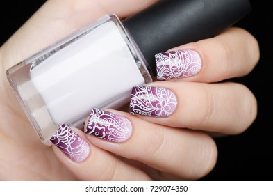 pink purple gradient manicure and flower pattern