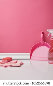 Pink Rags, Sponge And Spray For Spring Cleaning