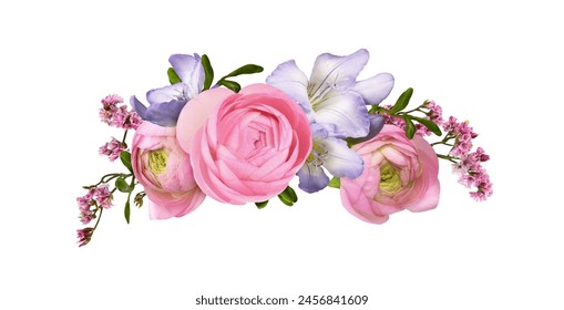 Pink ranunculus flowers, limonium and purple freesia in a beautiful floral arrangement isolated on white.  - Powered by Shutterstock