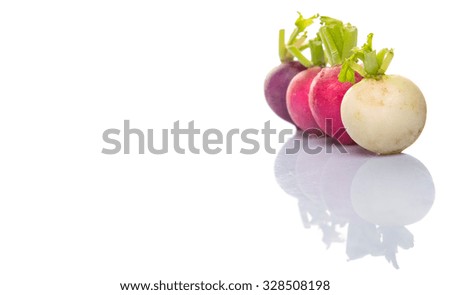 Pink, red, dark red, purple, and white radish vegetable over white background
