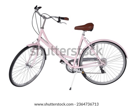 Pink retro bicycle with brown saddle and handles, generic bike side view