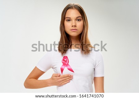 Pink Ribbon charity foundation beautiful girl in a white T-shirt