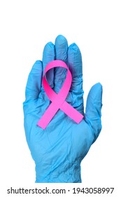 Pink Ribbon In The Hand Of A Doctor Or Nurse Isolated On White, Breast Cancer Struggle Symbol. Vertical Orientation