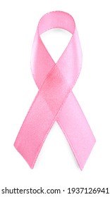 Pink Ribbon Isolated On White, Top View. World Cancer Day