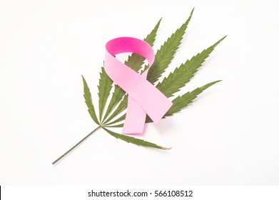 Pink Ribbon As Symbol For Breast, Lies On Top Of Green Leaf Of Medical Marijuana. Use Of Cannabis In Treatment Of Breast Cancer And Other Breast Diseases, Effects Of Marijuana While Breastfeeding