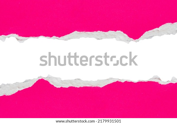 Pink ripped paper torn edges strips isolated\
on white background