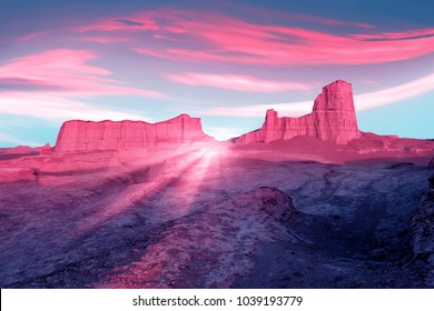 Pink Rocks In The Desert Against A Beautiful Blue Sky With Clouds. Rays Of Pink Light. Alien Planet Concept. Iranian Desert.