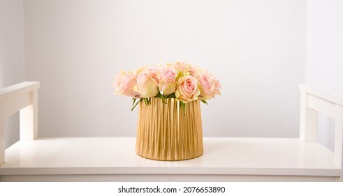 Pink Rose Bouquet In Gold Vase