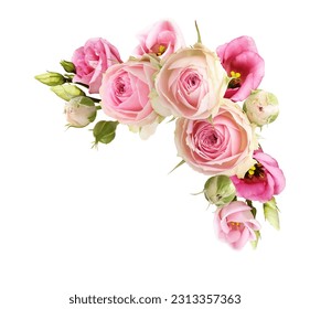 Pink rose and eustoma flowers in a corner floral arrangement isolated on white