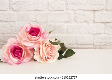 Pink Rose Mock Up. Styled Stock Photography. Floral Styled Wall Mock Up. Rose Flower Mockup, Valentine Mothers Day Card, Giftcard, White Desk Mockup