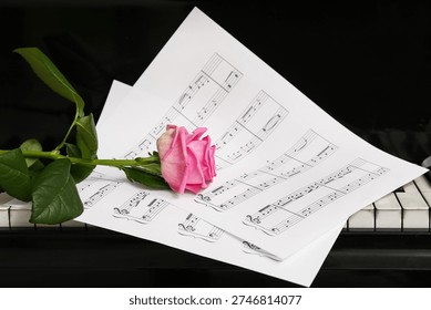 Pink rose with note sheets on piano keys, closeup. Valentine's Day celebration