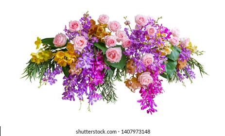 Pink Rose And Tropical Orchid Flowers With Green Leaves Floral Arrangement Nature Wedding Backdrop Isolated On White Background, Clipping Path Included.