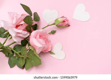 pink rose, white hearts on pink background, copy space. valentine's day greeting card. - Powered by Shutterstock