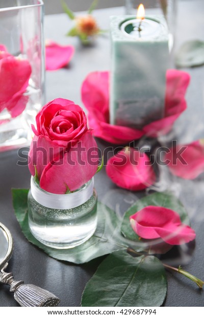 Pink Rosebud Vase Burning Candle Selective Stock Photo Edit Now