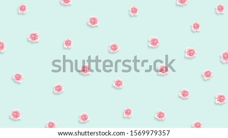 Pink roses on blue background, minimalist patter composition, top view. Elegant spring design, flat lay roses buds on bright blue background, Valentine, Mother's Day decor invitation card concept.
