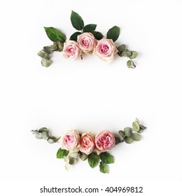 Pink roses on white background. Flat lay. Frame wreath - Shutterstock ID 404969812