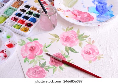 Pink roses romantic vintage watercolor painting process, shabby chic wedding party invitation desing, diy greeting card making, summer hobby holidays activity, hand painted floral pattern practice - Powered by Shutterstock