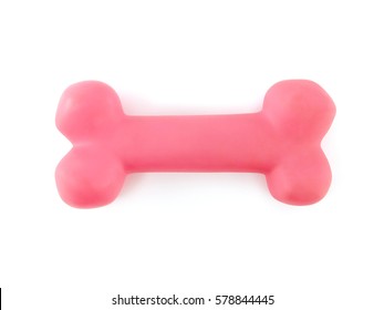 Pink Rubber Bone Isolated On White Background, Puppy Dog Toy Imitated Bone For Relax With Chewing, Flat Lay Close-up Top View