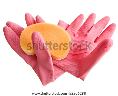  pink rubber gloves with sponge on bright background