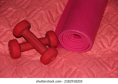 Pink Rubber Mat And Red Dumbbells