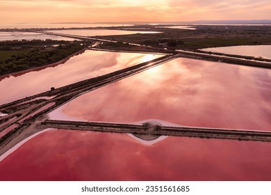 The pink Saltworks of Aigues Mortes in the Camargue, France