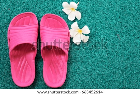 Pink sandals with plumeria flower on green background. Pink slippers.