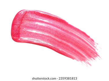 Pink shimmering lip gloss texture isolated on white background. Smudged cosmetic product smear. Makup swatch product sample