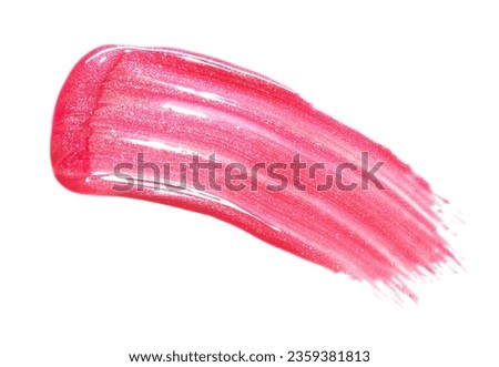 Pink shimmering lip gloss texture isolated on white background. Smudged cosmetic product smear. Makup swatch product sample