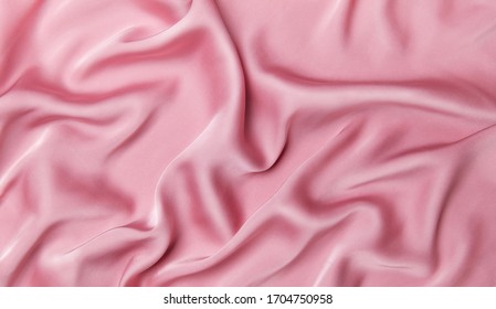 Pink silk fabric background texture. Top view, flat lay.