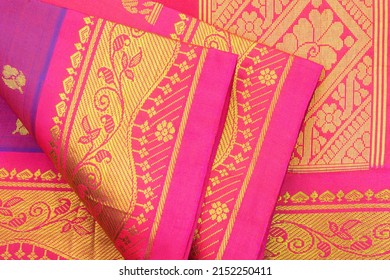 Pink Silk Sari With Gold Floral Design Background