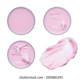 Pink Smears And Texture Made With Pink Lip Balm On White Background. Strokes Pale Pink Cream Or Hygienic Lipstick For Facial Make-up, On A White Background