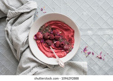 Pink Smoothie Bowl With Raspoberries