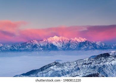 The Pink Snow Mountain In Sichuan, China