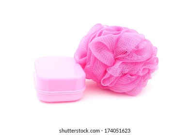 Pink Soapbox And Shower Scrubber On White Background