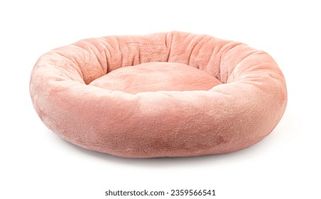 Pink soft round plush pet bed isolated on white - Powered by Shutterstock